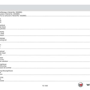 May include: A page from a manual with a table of contents in German, English, and French. The table lists engine components like cylinder block, crankshaft, and piston. The Weidemann logo is at the bottom.