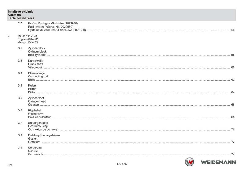 May include: A page from a manual with a table of contents in German, English, and French. The table lists engine components like cylinder block, crankshaft, and piston. The Weidemann logo is at the bottom.