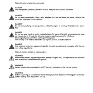 May include: A safety manual page from Argo Tractors, featuring warnings and safety instructions. The document includes text about potential dangers like cuts, electric shock, and the use of PPE. The page has a white background with black text and warning symbols.