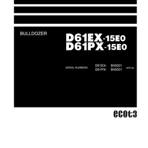 May include: Shop Manual for a bulldozer, featuring the model numbers D61EX-15E0 and D61PX-15E0. The cover is black and white, with the Komatsu logo at the bottom.