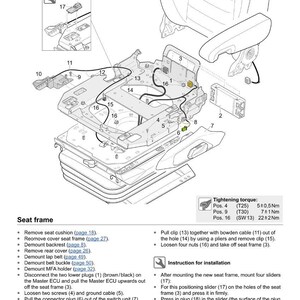 May include: Diagram of a seat frame with various components labeled and numbered. Includes instructions for installation and tightening torque specifications. The diagram is a technical illustration for automotive repair or assembly.