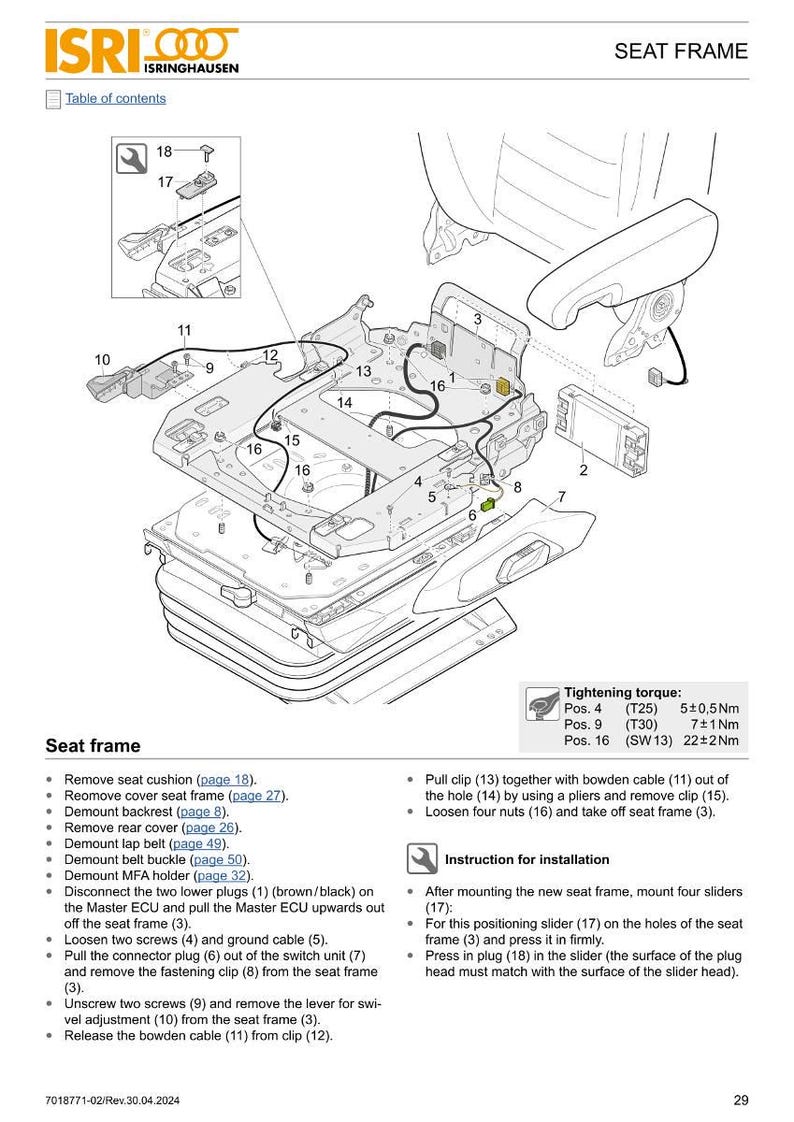 May include: Diagram of a seat frame with various components labeled and numbered. Includes instructions for installation and tightening torque specifications. The diagram is a technical illustration for automotive repair or assembly.