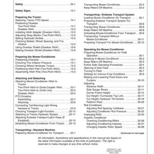 May include: A page from a manual titled "Contents" with a table of contents. The table lists topics such as safety, tractor preparation, and mower-conditioner operation. The manual is from Deere & Company.