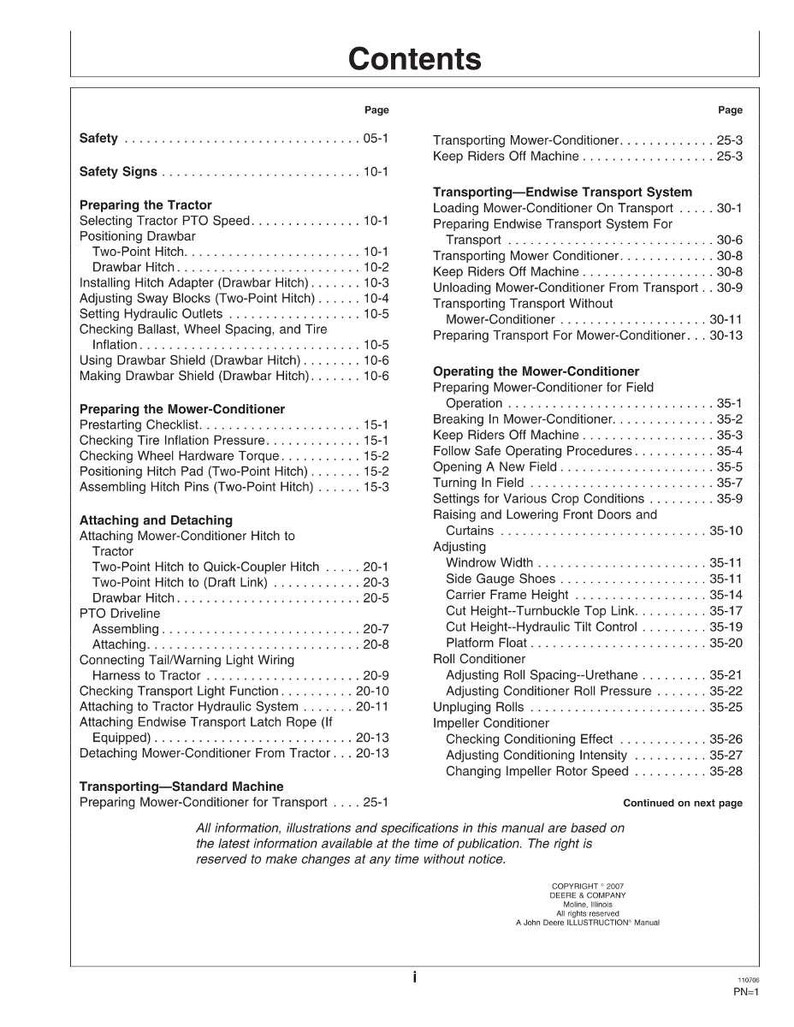 May include: A page from a manual titled "Contents" with a table of contents. The table lists topics such as safety, tractor preparation, and mower-conditioner operation. The manual is from Deere & Company.