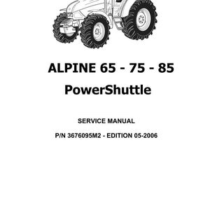 Pu&ograve; includere: Disegno in bianco e nero di un trattore. Il testo sull'immagine recita "ALPINE 65 - 75 - 85 PowerShuttle SERVICE MANUAL P/N 3676095M2 - EDITION 05-2006" e il logo Landini.