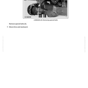 Pu&ograve; includere: Diagramma tecnico che mostra la rimozione di bulloni speciali (A) da un componente meccanico. Il testo "LX006440-UN: Removing special bolts" &egrave; incluso. Le istruzioni indicano di spostare l'asse di trasmissione all'indietro.