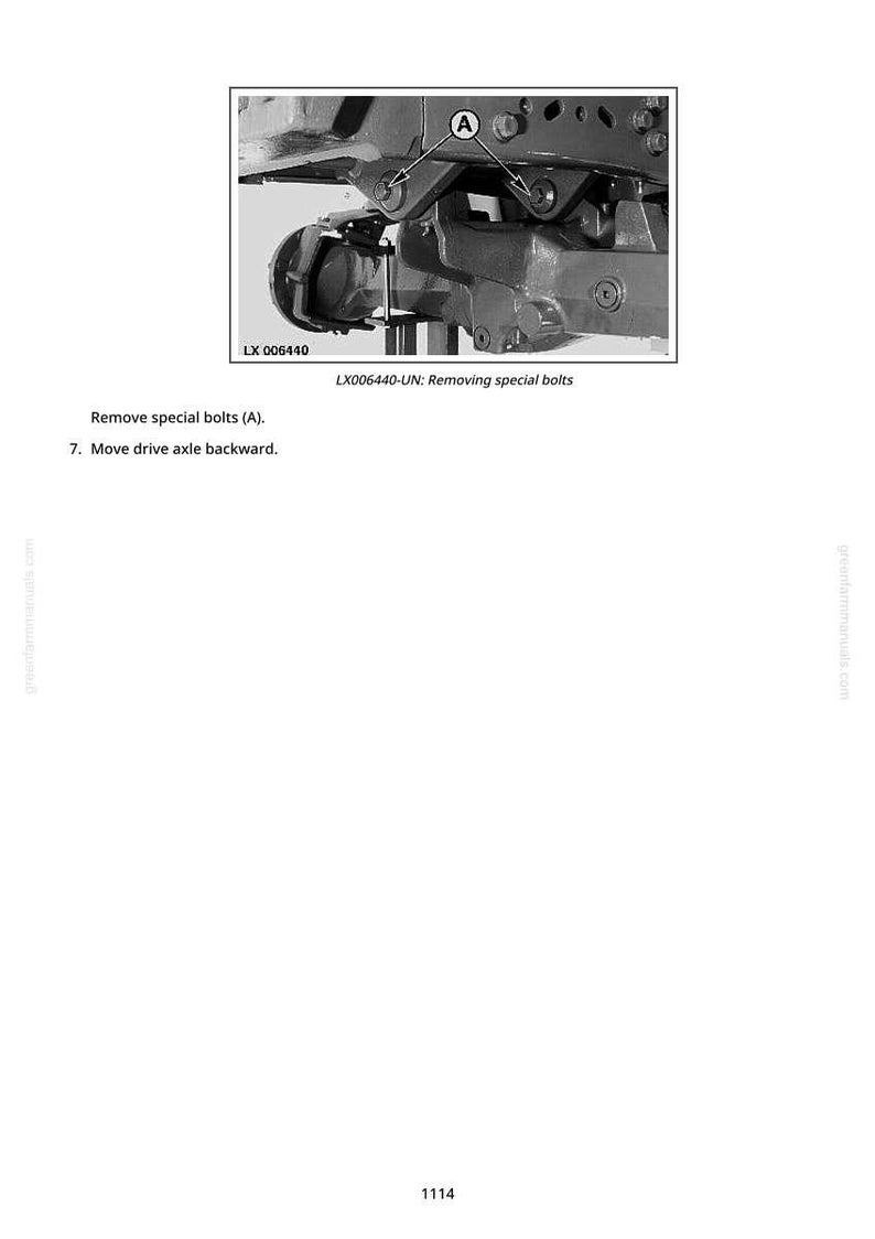 Pu&ograve; includere: Diagramma tecnico che mostra la rimozione di bulloni speciali (A) da un componente meccanico. Il testo "LX006440-UN: Removing special bolts" &egrave; incluso. Le istruzioni indicano di spostare l'asse di trasmissione all'indietro.