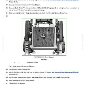Op de afbeelding: Diagram van de voorkant van een tractor, met een radiator met het John Deere-logo. De afbeelding bevat instructies voor de gieksteun, met labels en genummerde stappen voor onderhouds- en reparatieprocedures.