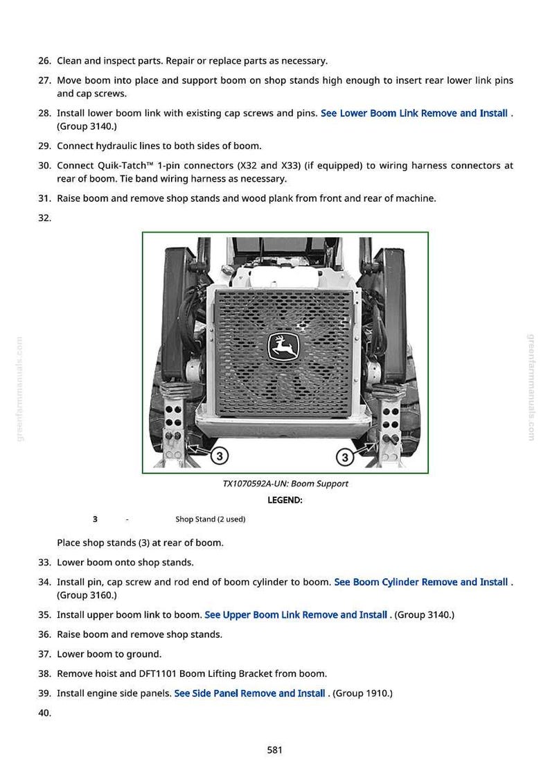 Op de afbeelding: Diagram van de voorkant van een tractor, met een radiator met het John Deere-logo. De afbeelding bevat instructies voor de gieksteun, met labels en genummerde stappen voor onderhouds- en reparatieprocedures.