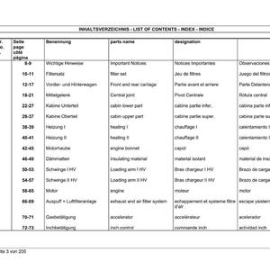 May include: A detailed list of contents, index, and indice in multiple languages. The table includes item numbers, page numbers, and descriptions of various vehicle parts, such as the engine bonnet and filter set.