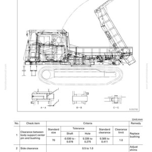 May include: Technical diagram of work equipment, featuring a detailed illustration of a heavy-duty vehicle with a lifting mechanism. The diagram includes dimensions and specifications, with text indicating measurements in millimeters.