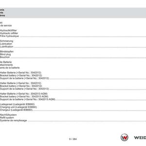 May include: A page from a manual with a table of contents in German, English, and French. The table lists service items, battery attachments, and charging unit information. The Weidemann logo is in the bottom right corner.