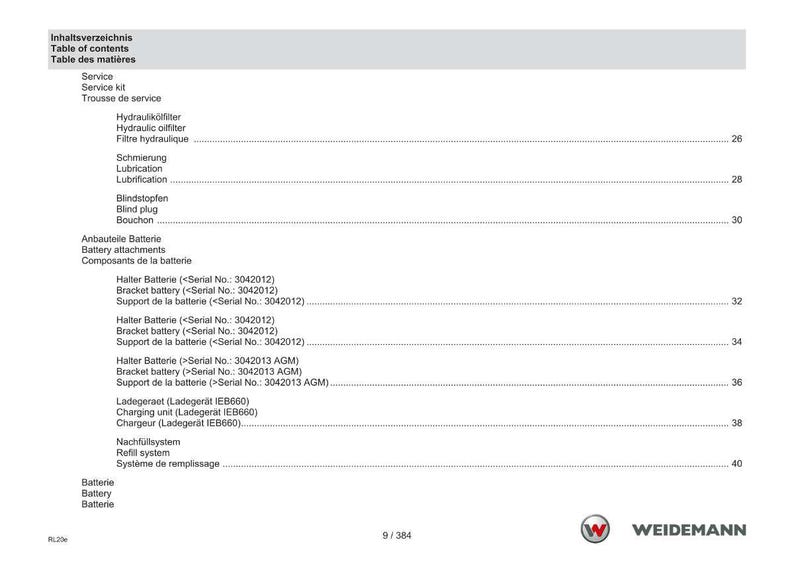 May include: A page from a manual with a table of contents in German, English, and French. The table lists service items, battery attachments, and charging unit information. The Weidemann logo is in the bottom right corner.