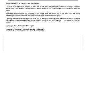 May include: A page from a manual with instructions for repairing a wire assembly. The text includes steps for crimping wires, applying heat, and using tape. The title reads "Install Repair Wire Assembly (RWA) - Method 2."