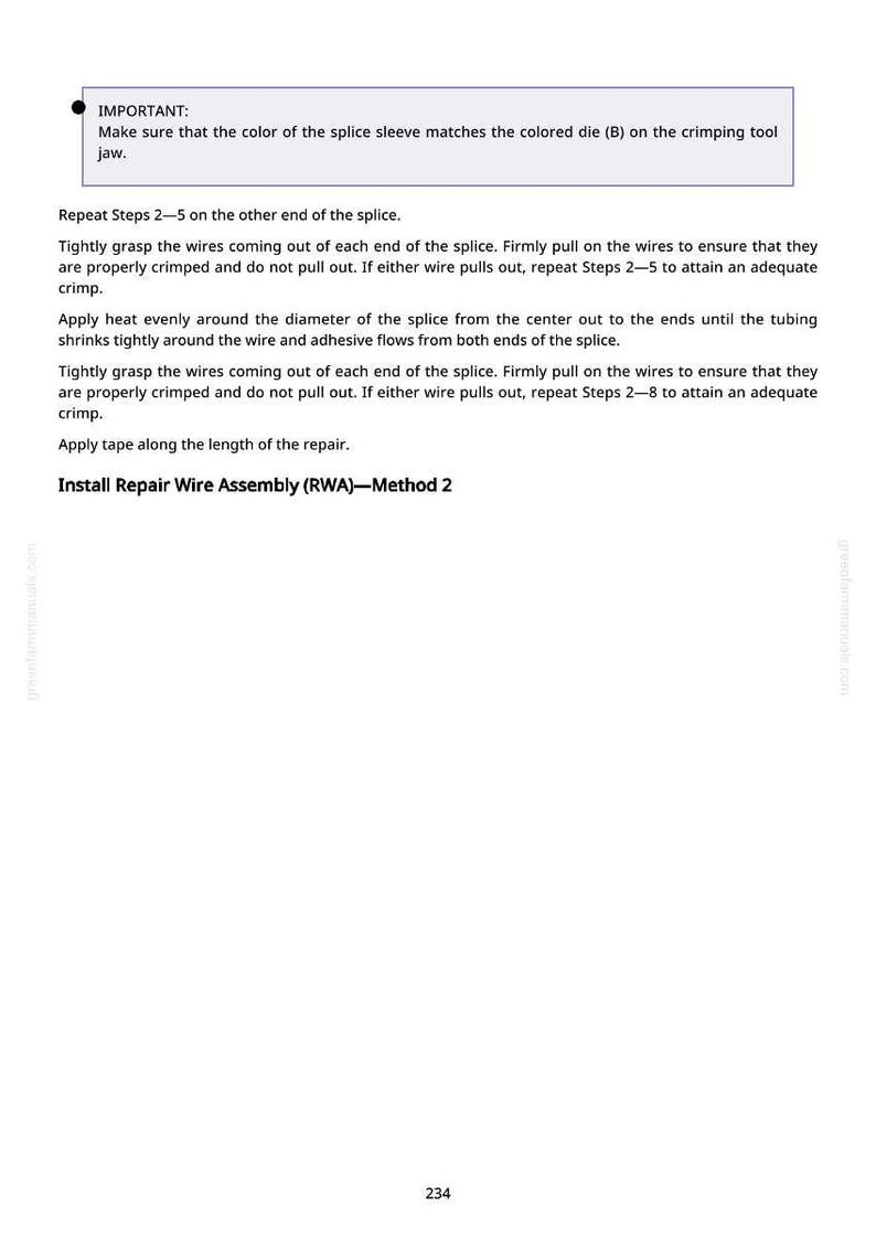 May include: A page from a manual with instructions for repairing a wire assembly. The text includes steps for crimping wires, applying heat, and using tape. The title reads "Install Repair Wire Assembly (RWA) - Method 2."
