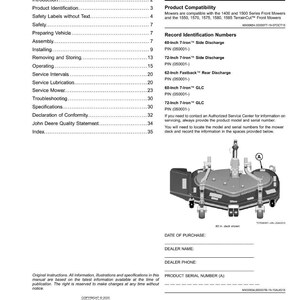 May include: A page from a John Deere mower manual with a diagram of a 60-inch deck. The manual includes sections on product identification, safety, and service. The diagram shows the mower deck with wheels and various components.
