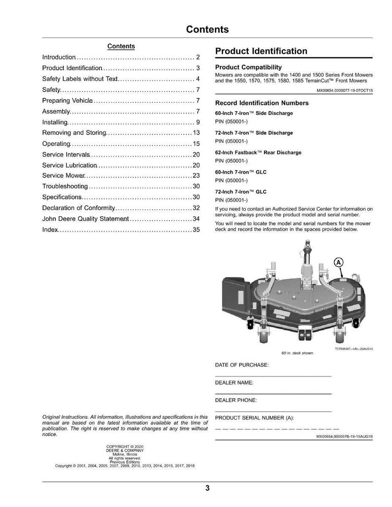 May include: A page from a John Deere mower manual with a diagram of a 60-inch deck. The manual includes sections on product identification, safety, and service. The diagram shows the mower deck with wheels and various components.