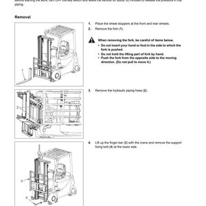 May include: Diagram of a forklift mast removal and installation guide. The guide includes numbered steps with illustrations, safety warnings, and instructions for removing the fork, hydraulic piping hose, and finger bar.