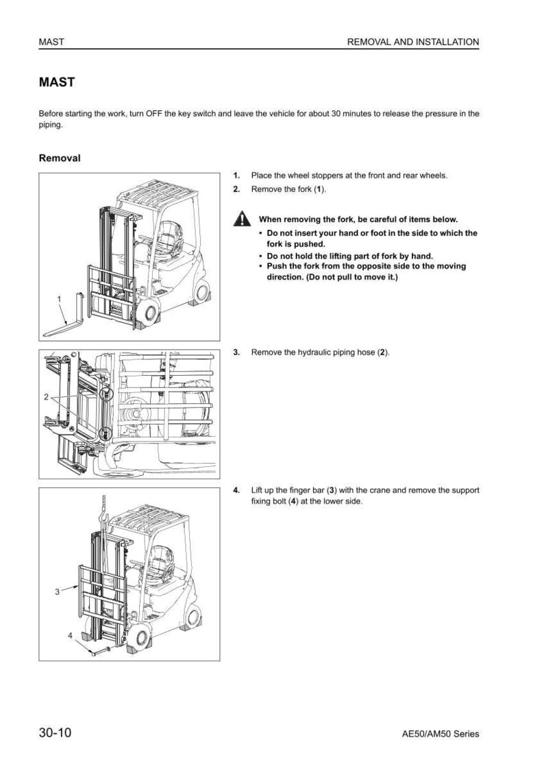 May include: Diagram of a forklift mast removal and installation guide. The guide includes numbered steps with illustrations, safety warnings, and instructions for removing the fork, hydraulic piping hose, and finger bar.