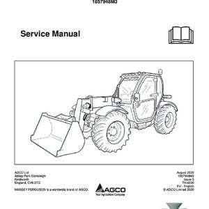 Puede incluir: Manual de servicio para un manipulador telesc&oacute;pico Massey Ferguson TH.6030. El manual incluye un dibujo lineal de la m&aacute;quina, el logotipo de AGCO y el logotipo de Massey Ferguson. El texto incluye el n&uacute;mero de modelo y los n&uacute;meros de serie.