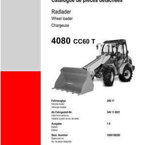 May include: A spare parts list for a wheel loader, with the model number 4080 CC60 T. The document includes the Weidemann logo and is written in English, German, and French. The image shows a detailed illustration of the machine.