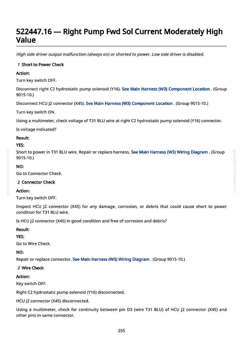 May include: A technical document with the title "522447.16 - Right Pump Fwd Sol Current Moderately High Value." The document provides troubleshooting steps for a high-side driver output malfunction, including connector and wire checks.
