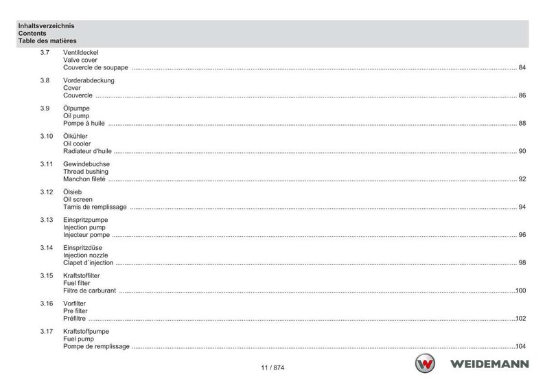 May include: A page from a manual titled "Inhaltsverzeichnis Contents Table des mati&egrave;res". It details engine components such as valve cover, oil pump, oil cooler, and fuel filter. The Weidemann logo is visible at the bottom of the page.