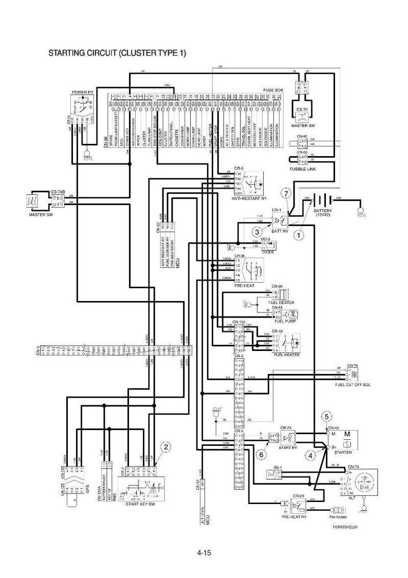 Puede incluir: Diagrama de un circuito de arranque (tipo de grupo 1) con etiquetas para varios componentes como la bater&iacute;a, el motor de arranque y el calentador de combustible. El diagrama es en blanco y negro con l&iacute;neas y s&iacute;mbolos.