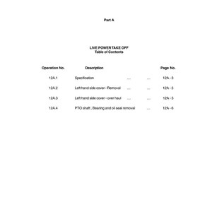May include: A white page from a workshop manual with the title "SINGLE SPEED PTO". The text includes "LIVE POWER TAKE OFF Table of Contents" and a table with operation numbers and descriptions. The bottom of the page has the text "MF 240/240 S Work shop service Manual".