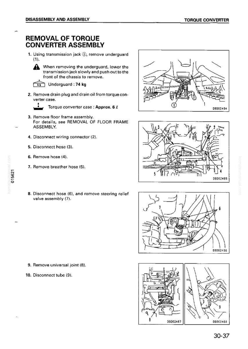 May include: Diagram of torque converter assembly removal steps. Instructions include removing the underguard (74 kg), drain plug, and floor frame assembly. Illustrations show wiring, hoses, and valve removal.