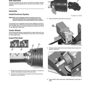 Puede incluir: Una p&aacute;gina de manual titulada "Seguridad" con instrucciones para instalar un sistema de cerramiento, ruedas orientables y un eje de toma de fuerza. La imagen incluye diagramas y texto, con primeros planos de componentes mec&aacute;nicos.