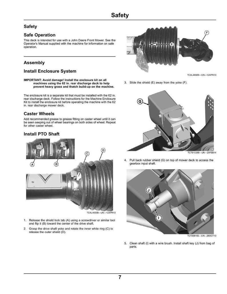 Puede incluir: Una p&aacute;gina de manual titulada "Seguridad" con instrucciones para instalar un sistema de cerramiento, ruedas orientables y un eje de toma de fuerza. La imagen incluye diagramas y texto, con primeros planos de componentes mec&aacute;nicos.