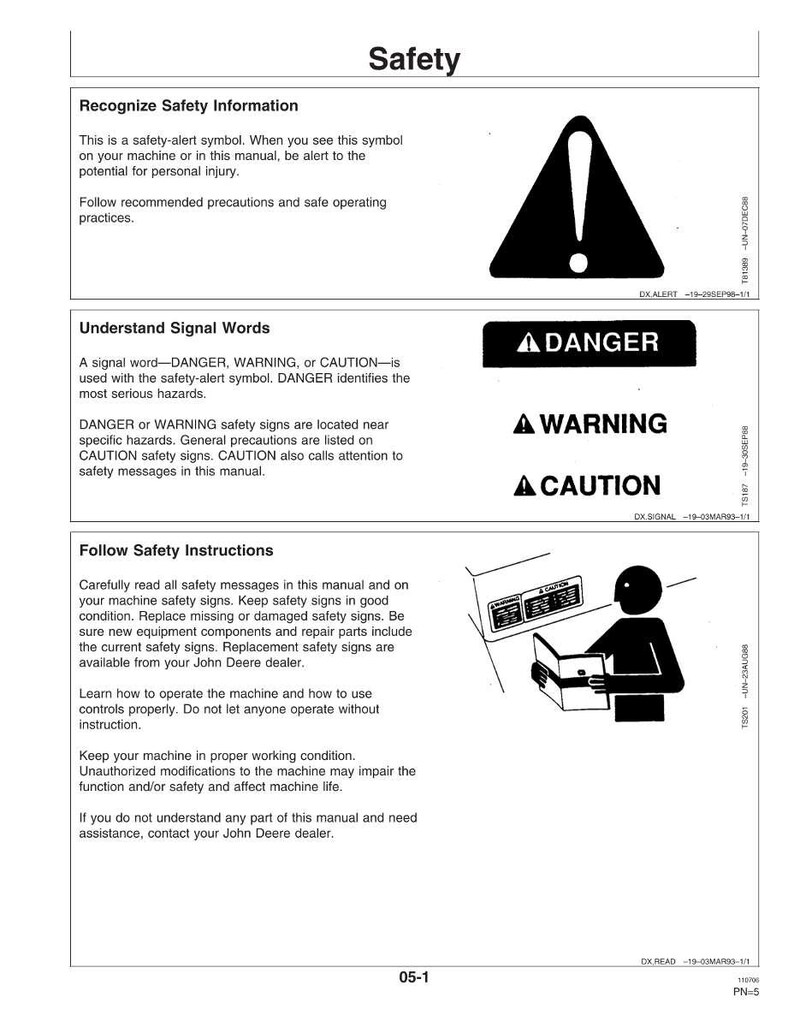 May include: A white page titled "Safety" with safety information, including a black exclamation point symbol, and the words "DANGER", "WARNING", and "CAUTION". A person is reading a manual.