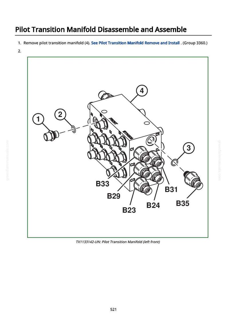 May include: Diagram of a pilot transition manifold with numbered components for disassembly and assembly. The image includes labels for parts like B33, B29, B23, B24, B31, and B35, along with the text "Pilot Transition Manifold Disassemble and Assemble."