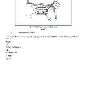 May include: Diagram of a tachometer and hour meter with a connector labeled 'J3 Connector 334 Yel Wire'. The text includes instructions to measure frequency at the display panel.