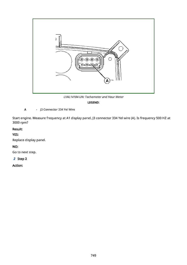 May include: Diagram of a tachometer and hour meter with a connector labeled 'J3 Connector 334 Yel Wire'. The text includes instructions to measure frequency at the display panel.
