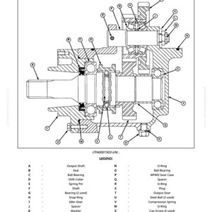 May include: Detailed diagram of a MFWD gear case section view, labeled with letters and corresponding parts like output shaft, bearings, and O-rings. The diagram includes measurements and is designed for technical reference.