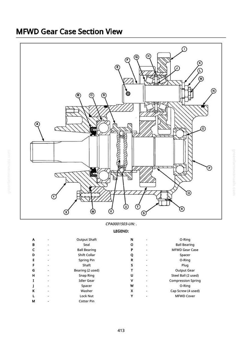May include: Detailed diagram of a MFWD gear case section view, labeled with letters and corresponding parts like output shaft, bearings, and O-rings. The diagram includes measurements and is designed for technical reference.