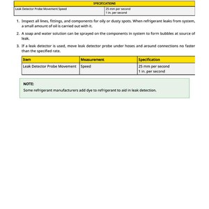 May include: A white document titled "Refrigerant Leak Test" with specifications for leak detection. The text includes instructions for inspecting lines and using a leak detector, with a probe movement speed of 1 inch per second.