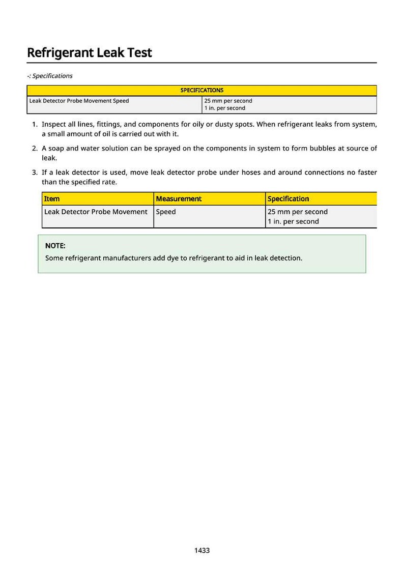 May include: A white document titled "Refrigerant Leak Test" with specifications for leak detection. The text includes instructions for inspecting lines and using a leak detector, with a probe movement speed of 1 inch per second.
