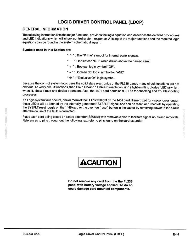 May include: A document titled "Logic Driver Control Panel (LDCP)" with text describing functions, symbols, and safety precautions. Includes a "CAUTION" notice and technical diagrams. The document is dated 5/92.