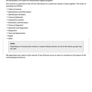 May include: A white page with the title "Manual Description" and a list of technical manual sections, including Table of Contents, Specifications, and Diagnostics. The text is in black.