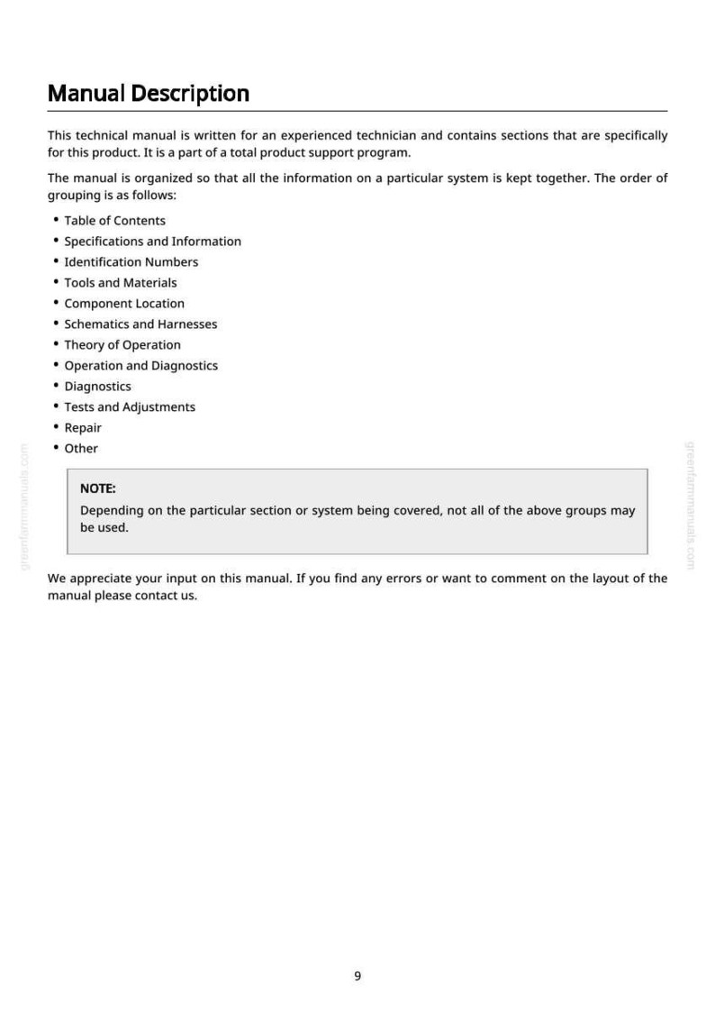 May include: A white page with the title "Manual Description" and a list of technical manual sections, including Table of Contents, Specifications, and Diagnostics. The text is in black.