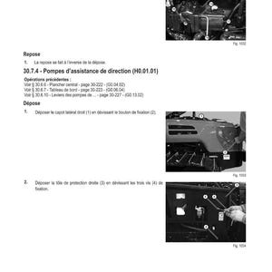 May include: Technical diagram with instructions for vehicle maintenance. The image shows detailed illustrations of mechanical components, including hydraulic pumps and various parts, with numbered labels for identification. Text in French provides step-by-step guidance.