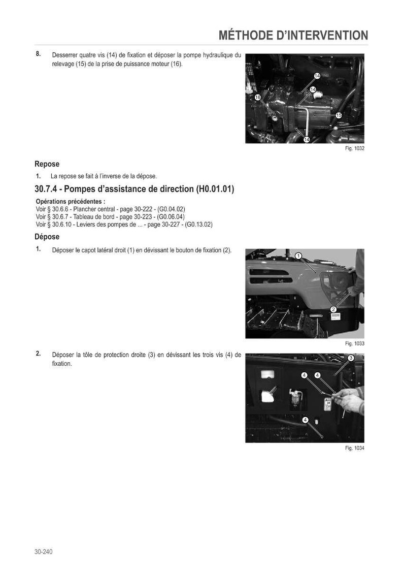 May include: Technical diagram with instructions for vehicle maintenance. The image shows detailed illustrations of mechanical components, including hydraulic pumps and various parts, with numbered labels for identification. Text in French provides step-by-step guidance.