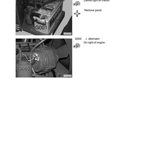 May include: Diagram of electrical components in a tractor, including a battery labeled G001 and an alternator labeled G002. The image is a technical illustration with labels and arrows indicating component locations.