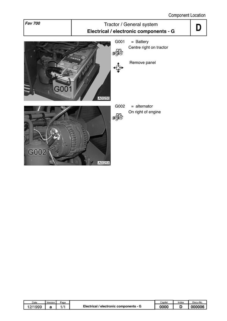 May include: Diagram of electrical components in a tractor, including a battery labeled G001 and an alternator labeled G002. The image is a technical illustration with labels and arrows indicating component locations.