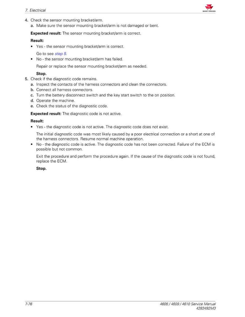 May include: A page from a service manual with the title "Electrical". It includes troubleshooting steps for a sensor mounting bracket/arm and diagnostic codes. The text is black on a white background, with a logo in the upper right corner.