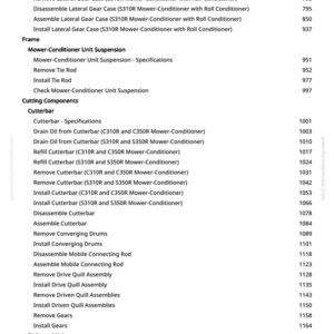 May include: A detailed parts list for a mower-conditioner, featuring various components such as the cutterbar, gears, and disks. The text includes specific instructions like "Assemble Lateral Gear Case" and "Remove Disks," with corresponding page numbers.