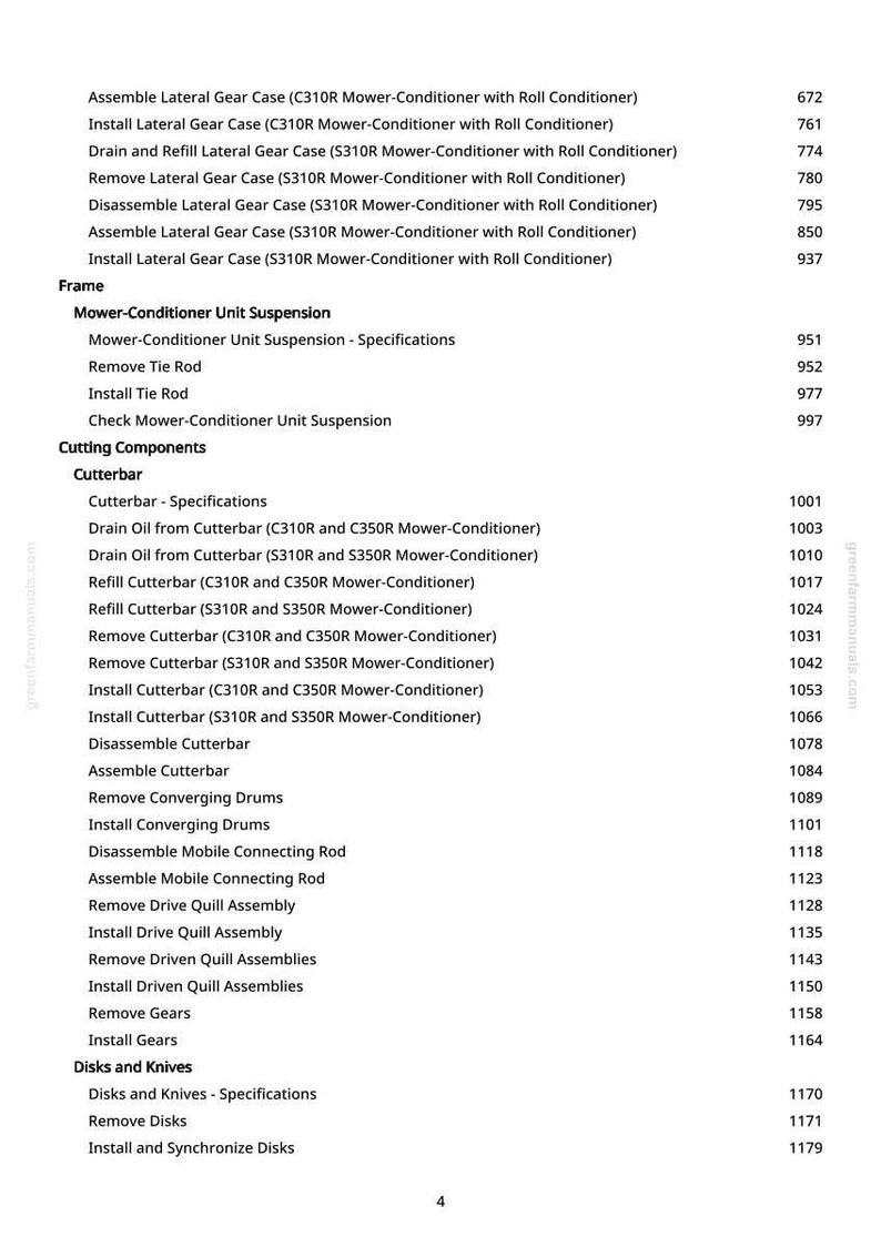 May include: A detailed parts list for a mower-conditioner, featuring various components such as the cutterbar, gears, and disks. The text includes specific instructions like "Assemble Lateral Gear Case" and "Remove Disks," with corresponding page numbers.
